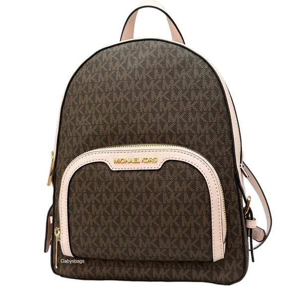 Michael Kors Medium Zip Pocket Backpack Brown MK Powder Blush Pink - Picture 2 of 7